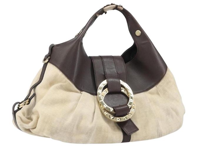 Bulgari Bolsa de mão BVLGARI em lona bege e dourada Auth 169090 Dourado