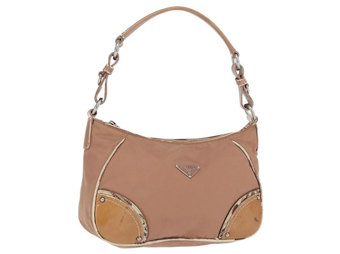 PRADA Schultertasche Nylon Beige Silber Authentisch 169041