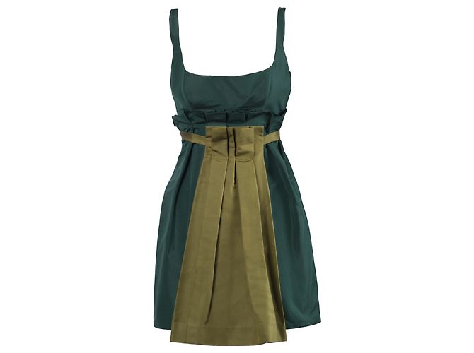 Prada Grüne Mini-Kleid Mit Kontrastierendem Falteneinsatz