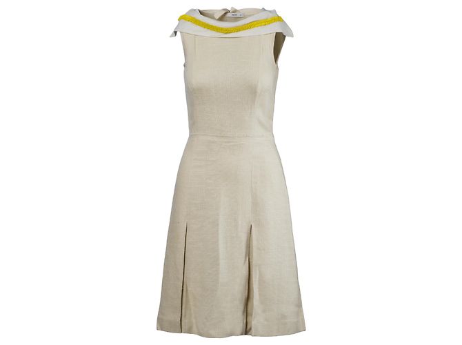 Prada Seidenmischungskleid mit gelben Perlendetails Beige