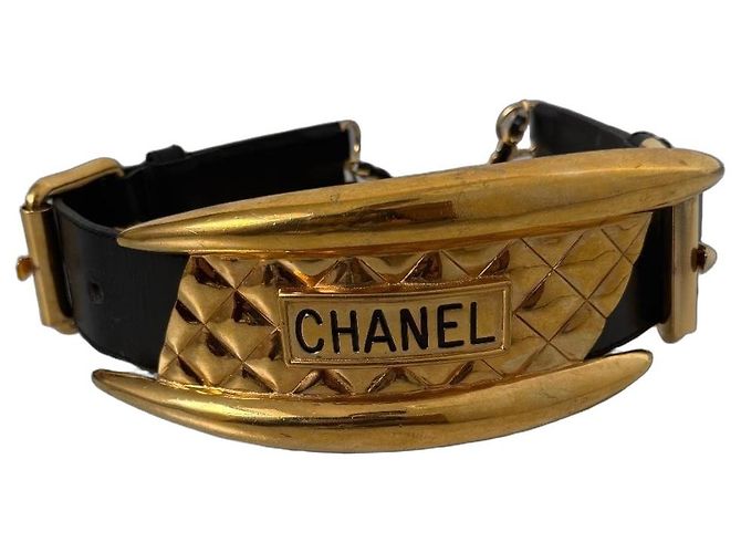 Chanel Boxing Plate Gürtel Schwarz Leder Gold Gold hardware
