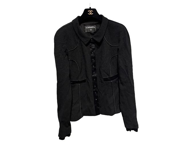 Chanel Jacke aus schwarzer Wolle mit Seidenfutter