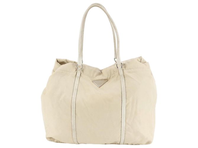 Bolsa de ombro em nylon bege creme e couro de bezerro Prada