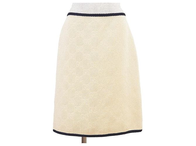 Gucci GG Logo Monogramm Wollseidenrock Beige Roh Marineblau