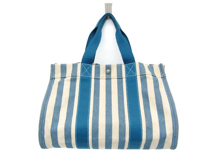 Bolsa tote de lona de algodão Cannes MM da Hermès Branco Azul