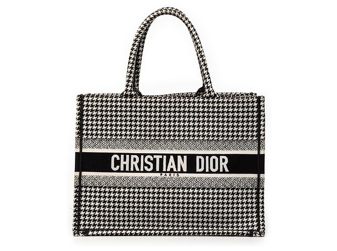 Dior Black Medium Canvas Houndstooth Embroidered Book Tote