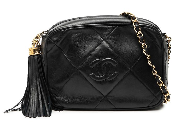 Camera Bolsa de câmera em couro de cordeiro matelassado preto CC da Chanel com tassel