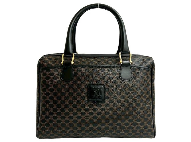Céline Sac à main en cuir avec logo Triomphe Macadam de CELINE / Sac Boston Marron Noir