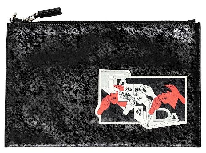 Prada Saffiano Comic Patch Pouch - '20s Black