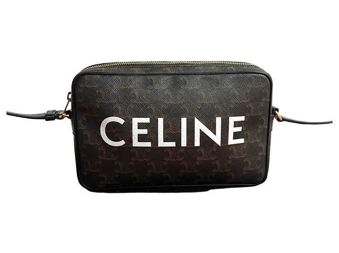 Céline Bolsa de ombro de couro Celine Triomphe Marrom Preto