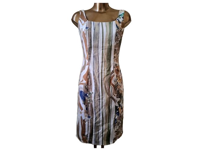 Autre Marque Abito in cotone con stampa floreale e righe Marrone Bianco Blu Multicolore Verde