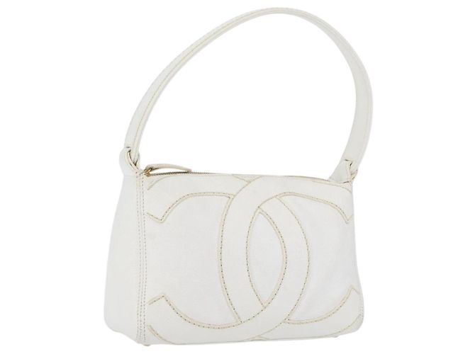 Bolsa de Ombro CHANEL COCO Mark em Couro Caviar Branco Ouro CC Auth 168141SAV Dourado