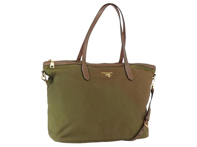 Bolsa Tote PRADA em nylon couro caqui ouro Auth ti3738 Dourado