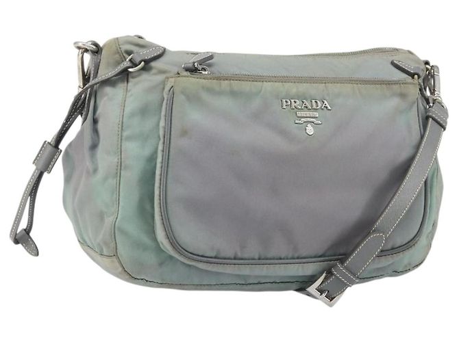 PRADA Schultertasche Nylon Grau Silber Authentisch 170376 Braun