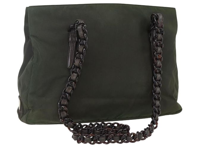 Bolsa de Ombro PRADA em Nylon, Plástico e Couro Caqui Auth ti3739