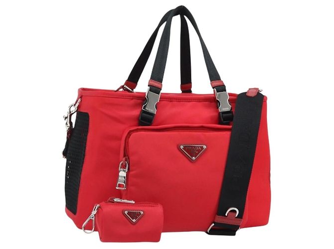 PRADA Pet Bag Pet Carry Nylon 2way Red Silver Auth 170756SAM Silvery