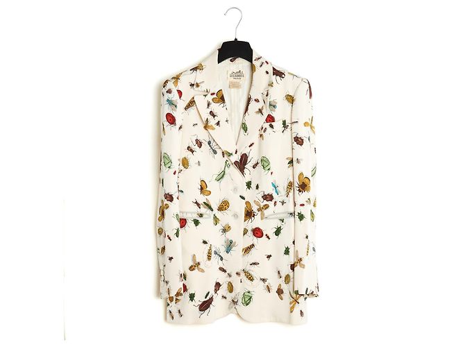 Hermès 1990s Insect Silk Twill Jacket FR38 Ecru UK10 US8 Cream