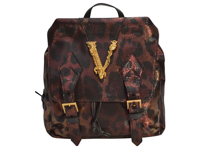 Gianni Versace Virtus Metallic Leopard Print Backpack Gold Baroque V Logo Multiple colors