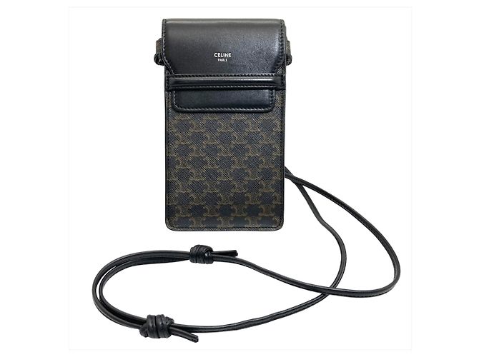 Céline Bolsa de ombro com pouch móvel em lona e couro de cordeiro Celine Triomphe Preto