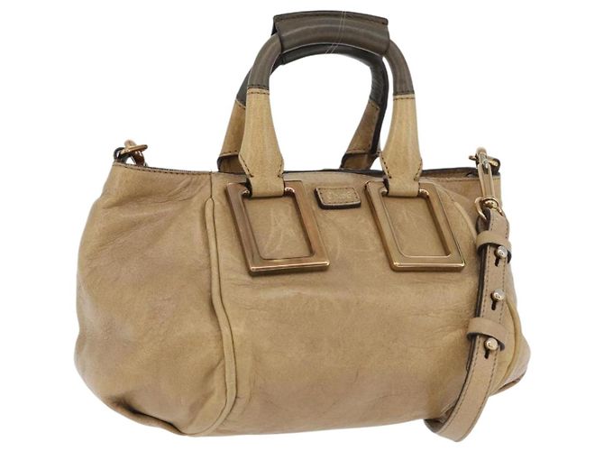 Chloé Bolsa de mão em couro Chloe Etel 2 em 1 Bege Ouro Auth BA10742 Dourado