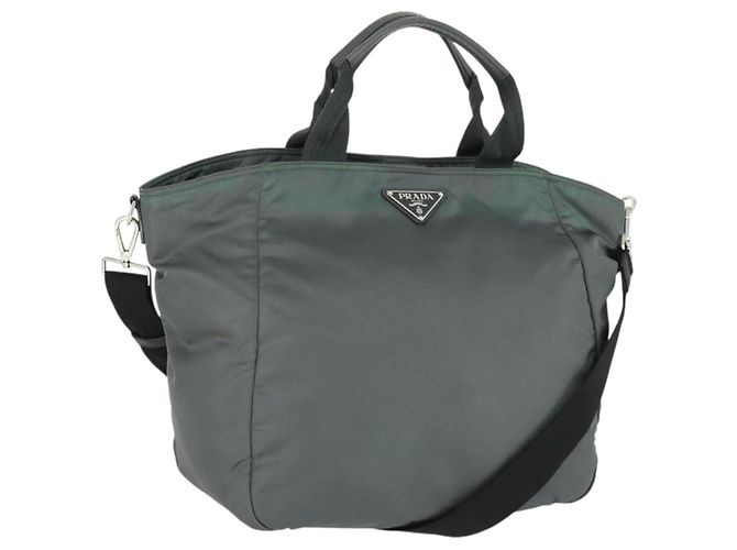 Bolsa Tote PRADA Nylon 2way Cinza Prata Auth ka2252 Marrom
