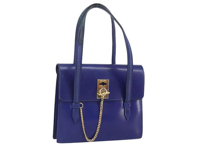 Céline Sac à main CELINE en cuir bleu doré Auth 171994