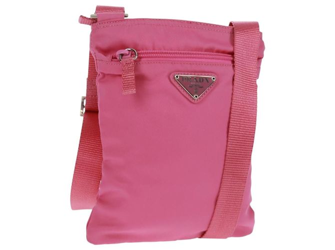 Borsa a Spalla PRADA Nylon Rosa Argento Auth 170698V