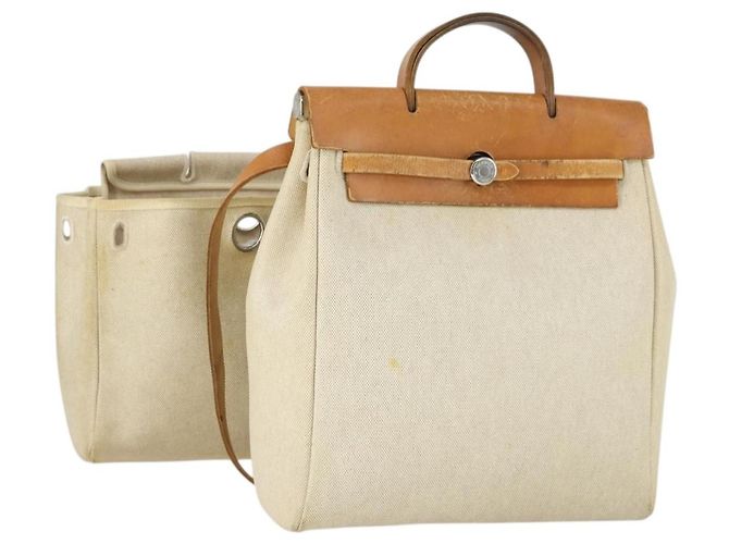 Hermès HERMES Herbag Ad PM Backpack Canvas Leather 2way Beige Silver Auth 168174 Silvery