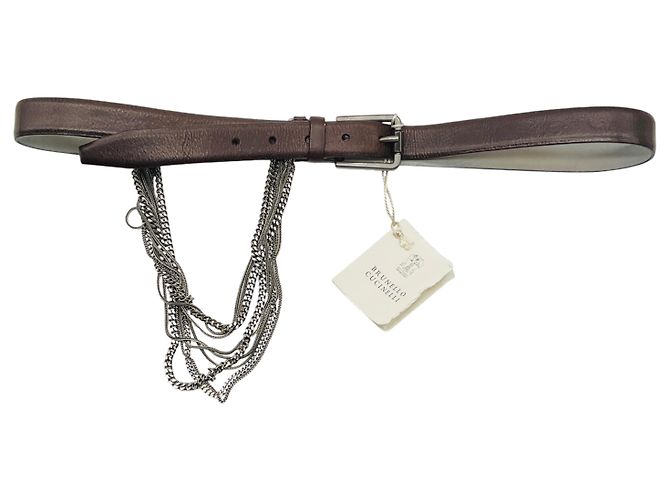 Brunello Cucinelli Brown / Silver Multi Chain Embellished Leather Belt