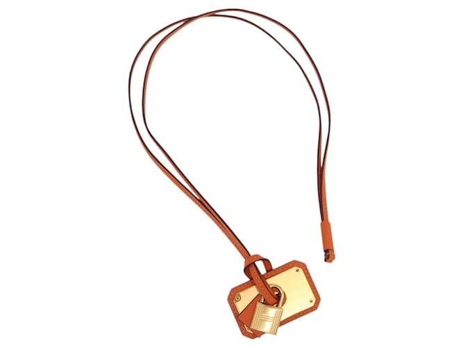 Hermès HERMES Okelley GM Necklace Leather Orange Auth 169916SAV 