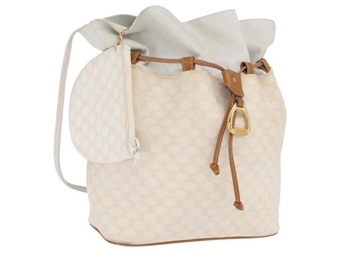 Céline Bolsa de ombro em lona Macadam CELINE em couro PVC branco e dourado Auth 169899