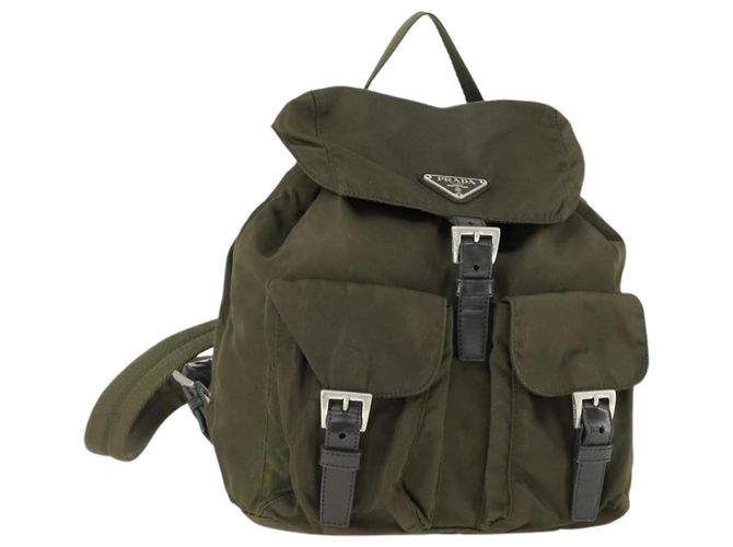 PRADA Backpack Nylon Khaki Silver Auth 166398 Silvery