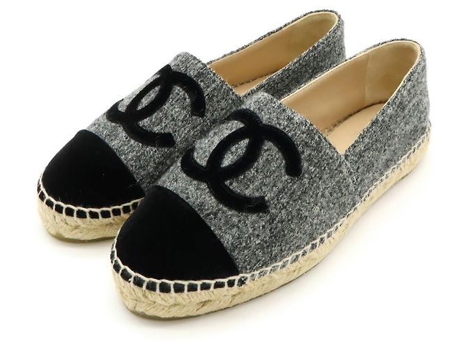 Chanel Espadrilles aus Leinen Wolle Samt Flache Schuhe Braun Schwarz