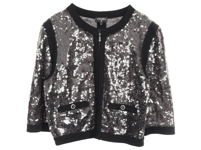 Timeless CHANEL Coco Mark Sequin Collarless Jacket Outerwear Black