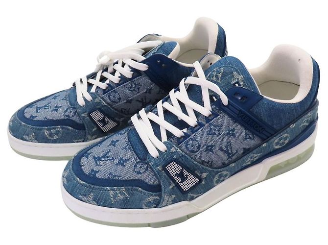 Baskets Louis Vuitton Monogram Trainer Line en denim bleu Blanc