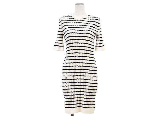 Timeless Chanel P74153 Wollmischung Kleid Weiß Roh Marineblau