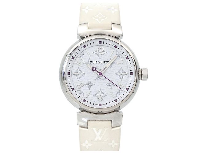 Louis Vuitton Tambour MM Monogram Weiß Quarz Uhr