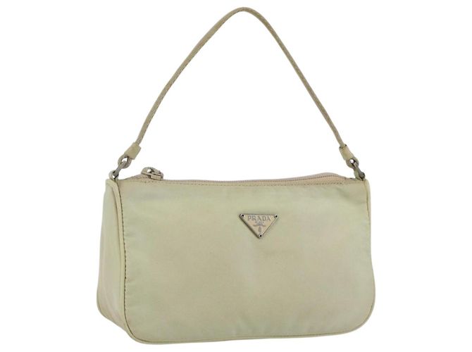 PRADA Accessory Pouch Nylon Beige Silver Auth bs33423 Silvery