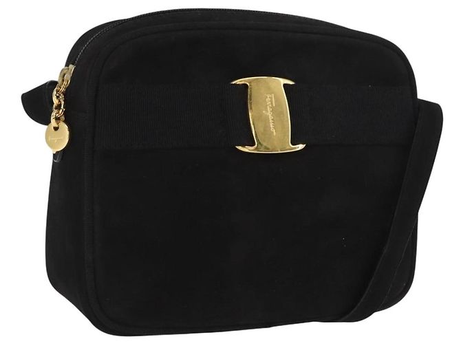 Bolsa de Ombro Vala em Camurça Preta e Dourada Auth BA10372 da Salvatore Ferragamo