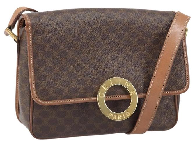Céline Bolsa de ombro circular em lona Macadam CELINE em couro PVC marrom dourado Auth 171041