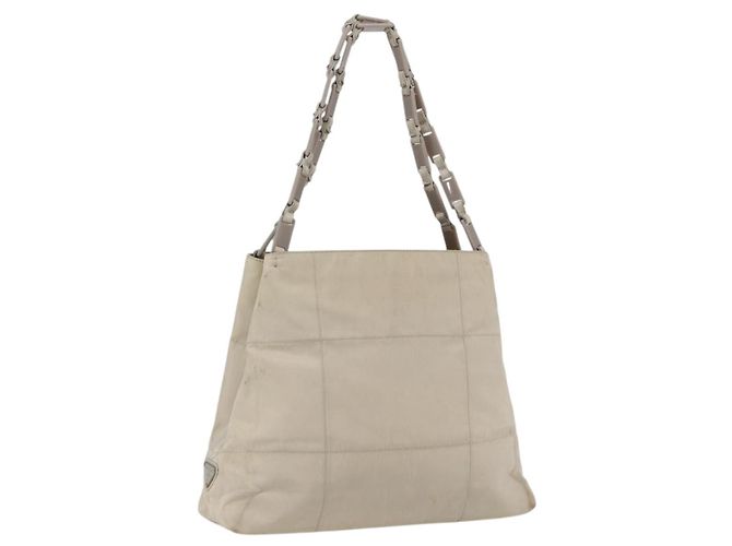 PRADA Tote Bag Nylon Beige Silber Auth hk3495