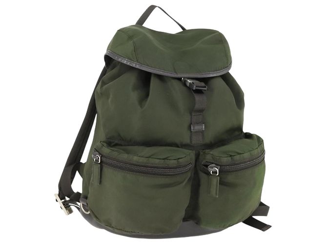 PRADA Backpack Nylon Khaki Silver Auth 164855 Silvery