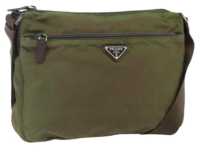 PRADA Shoulder Bag Nylon Khaki Silver Auth bs33243 Silvery