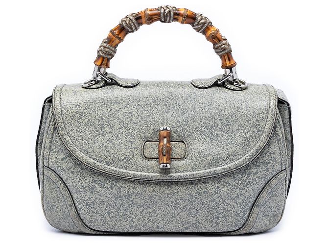 Bolso de mano grande de cuero gris salpicado New Bamboo de Gucci Castaño