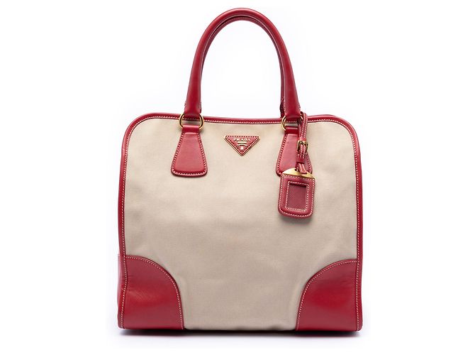 Bolsa Canapa em lona com detalhes Saffiano marrom da Prada Bege