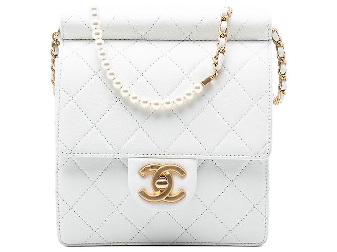 Chanel Blanco Pequeño Bolso Acolchado de Cordero Chic Perlas