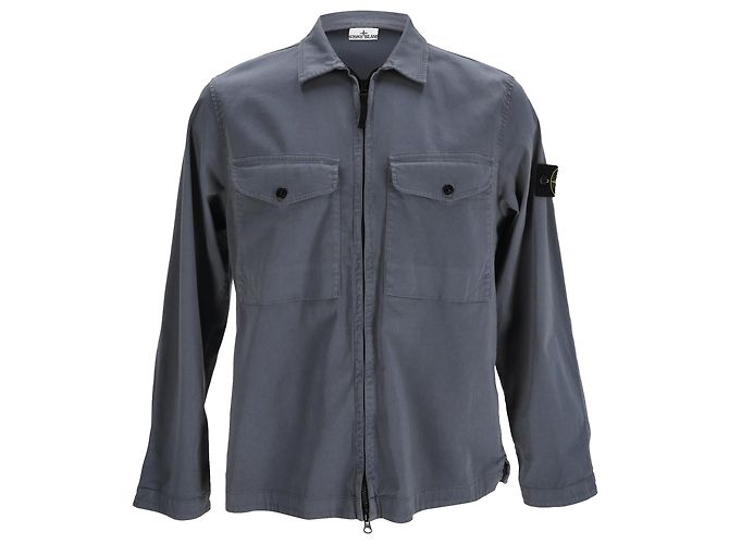 Camicia con zip e badge a bussola Stone Island in cotone grigio