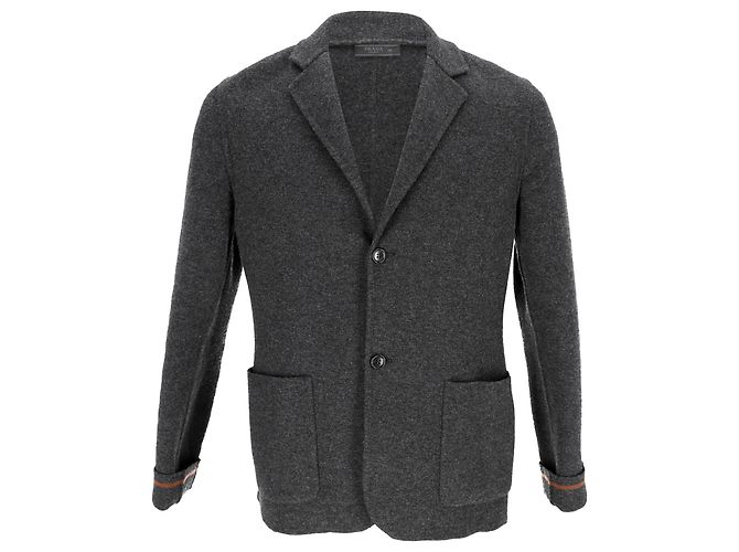 Prada Single-Breasted Folded Cuff Blazer with Pockets in Grey Wool