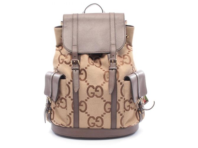 Mochila Jumbo GG de lona e couro da Gucci Marrom Bege