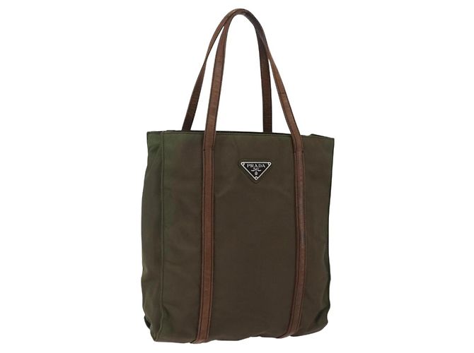 PRADA Bolsa de mão em nylon couro caqui prata Auth ti3735